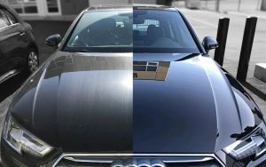 Car hood half ceramic-coated, before/after